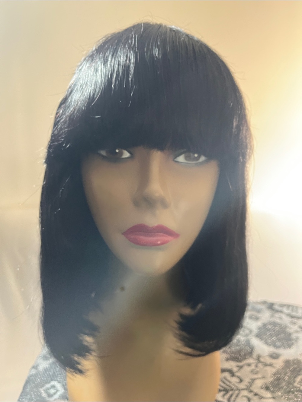 Black Straight Synthetic Wig with Blunt Bangs - Women Hair.    14”.